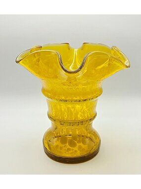 Vintage Franz Welz yellow Speckle Vase w/Ruffled Edge, Czech Glass